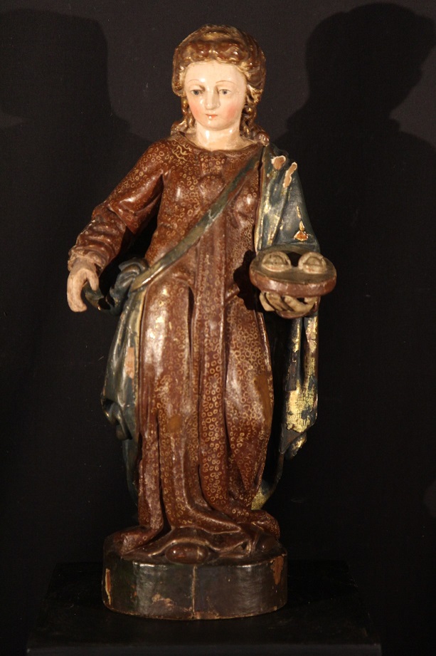 Saint Lucy of Syracuse. 18th C polychrome wooden statue. From Spain.